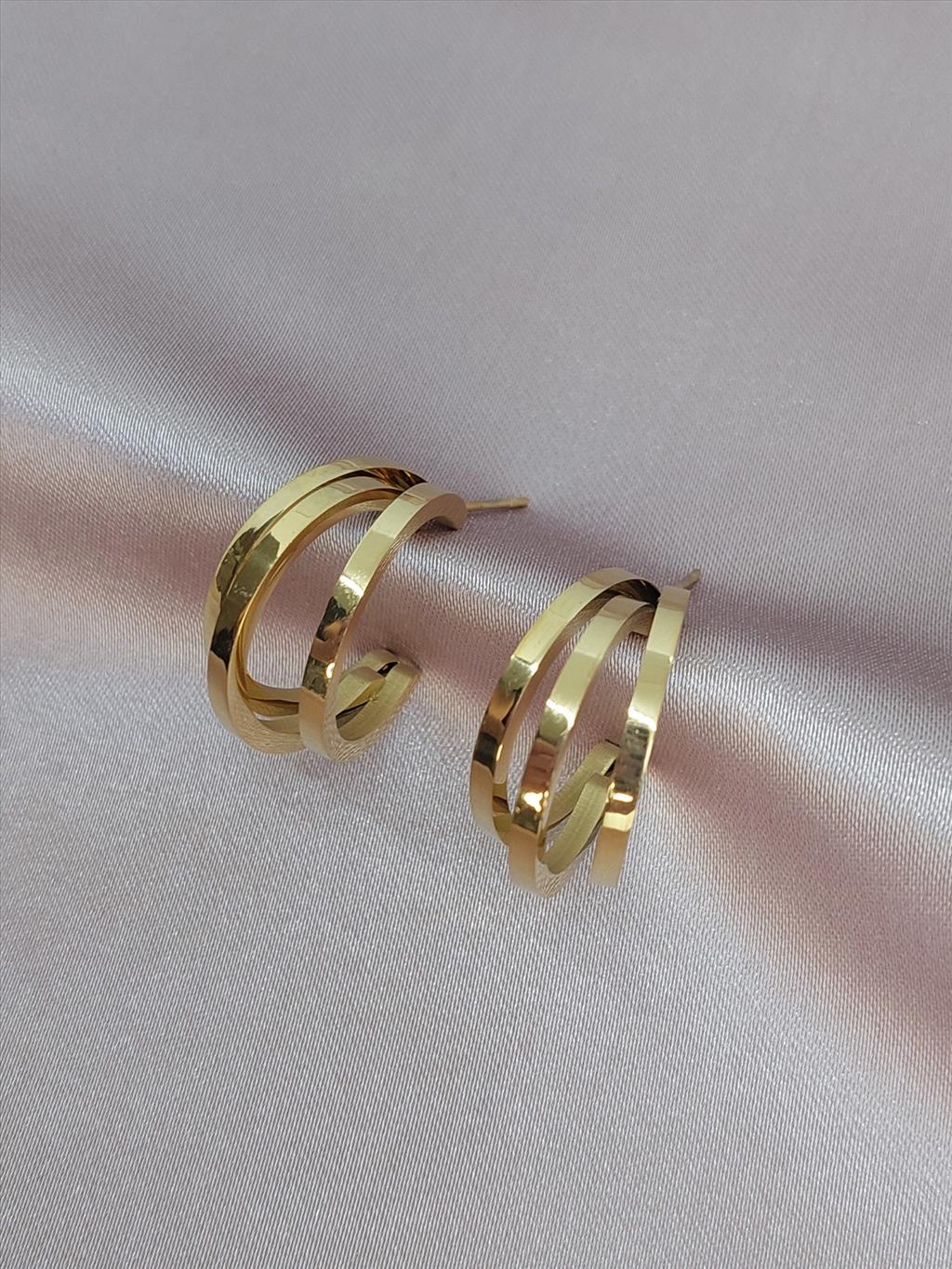 ÇELİK Üç Şerit Gold Küpe+i