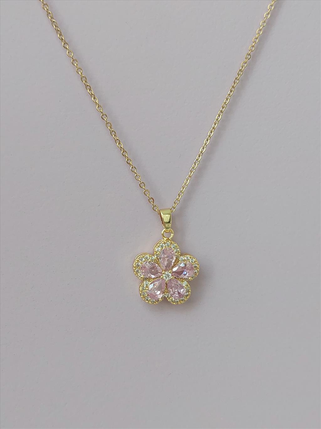 ÇELİK Zirkon Pembe Çiçek Gold Kolye+i