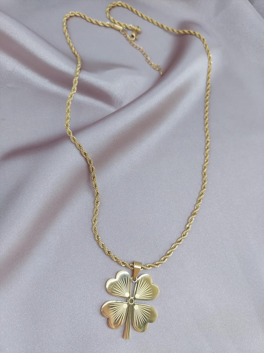ÇELİK Burgu Zincir Gold Yonca Kolye(60-65cm/2 mm)+i