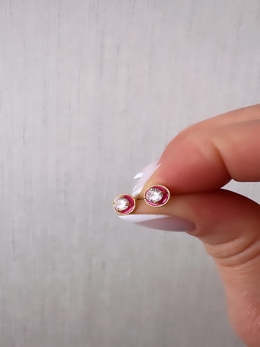 925 S Silver Post Mini Zirkon Pembe Gold Küpe+i