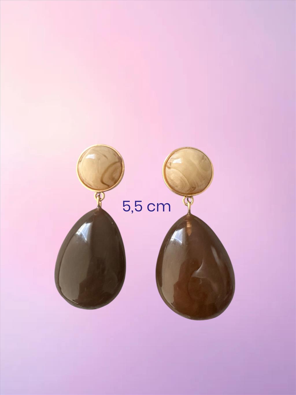 ÖZEL SERİ Doğal Taş Yuvarlak Sallantılı Bej-Kahve Gold Küpe+i