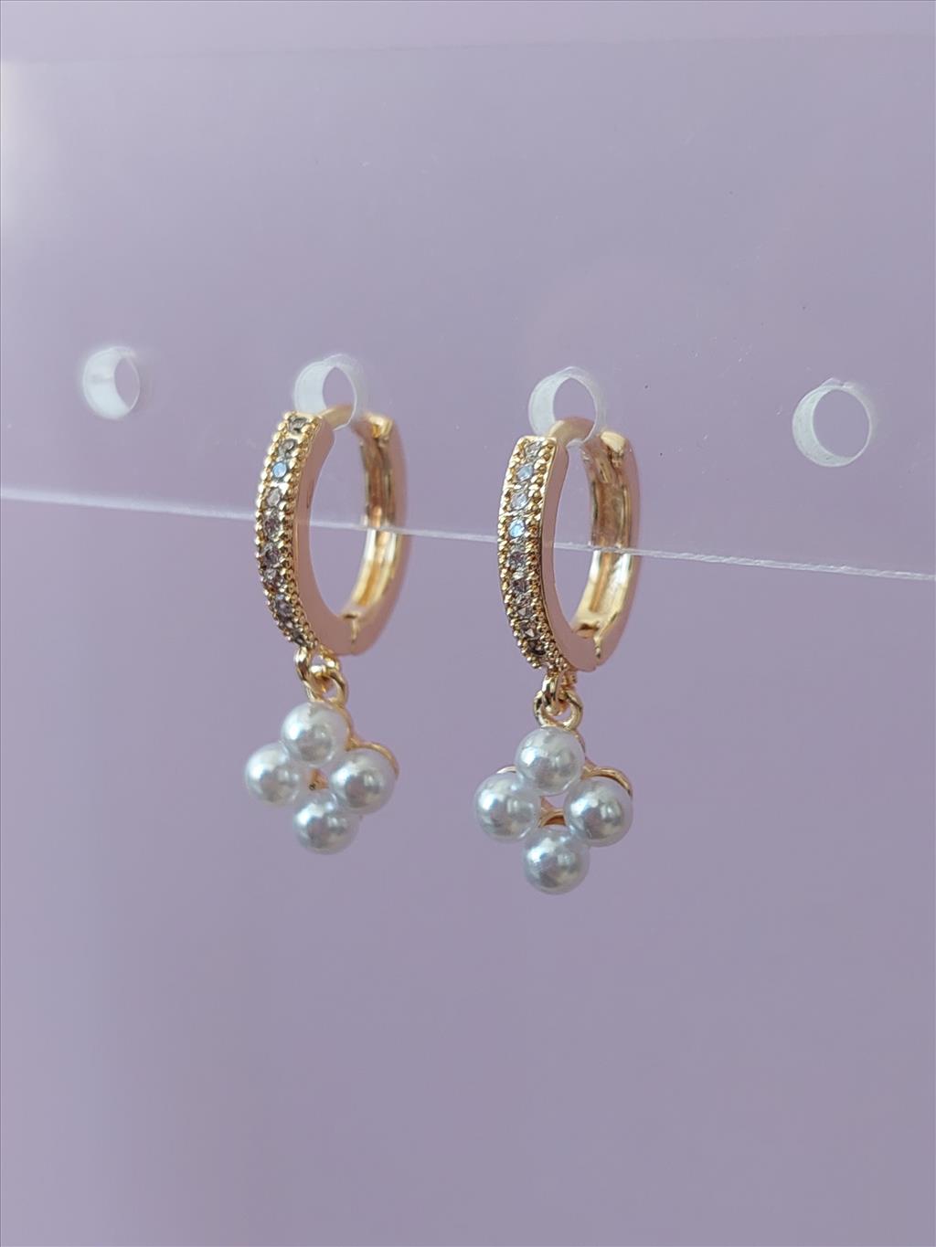 Özel Seri Rodyum İnci Çiçek Gold Küpe+i