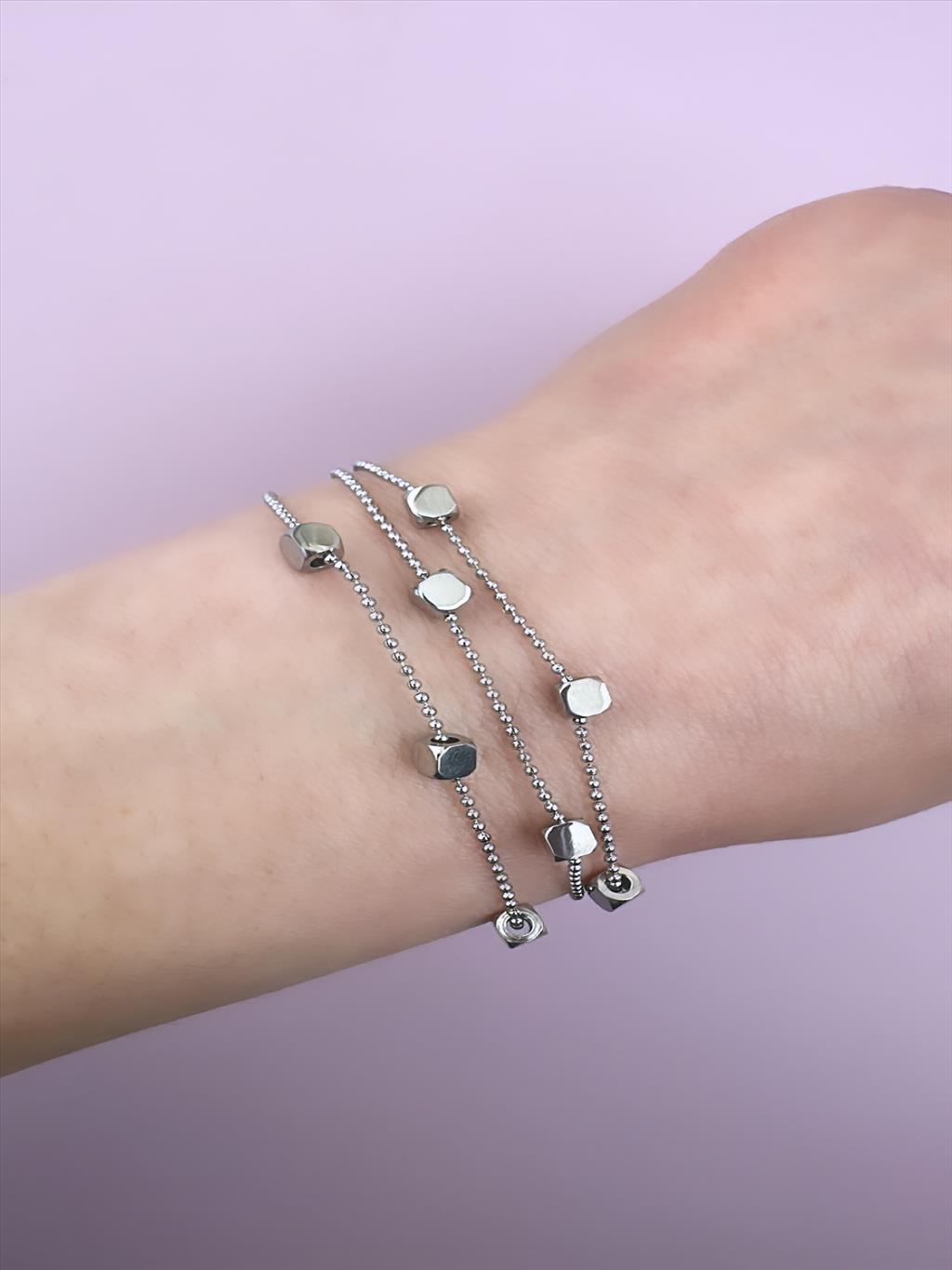 ÇELİK 3'lü Küp Topçuk Silver Bileklik (18-23 cm)+i