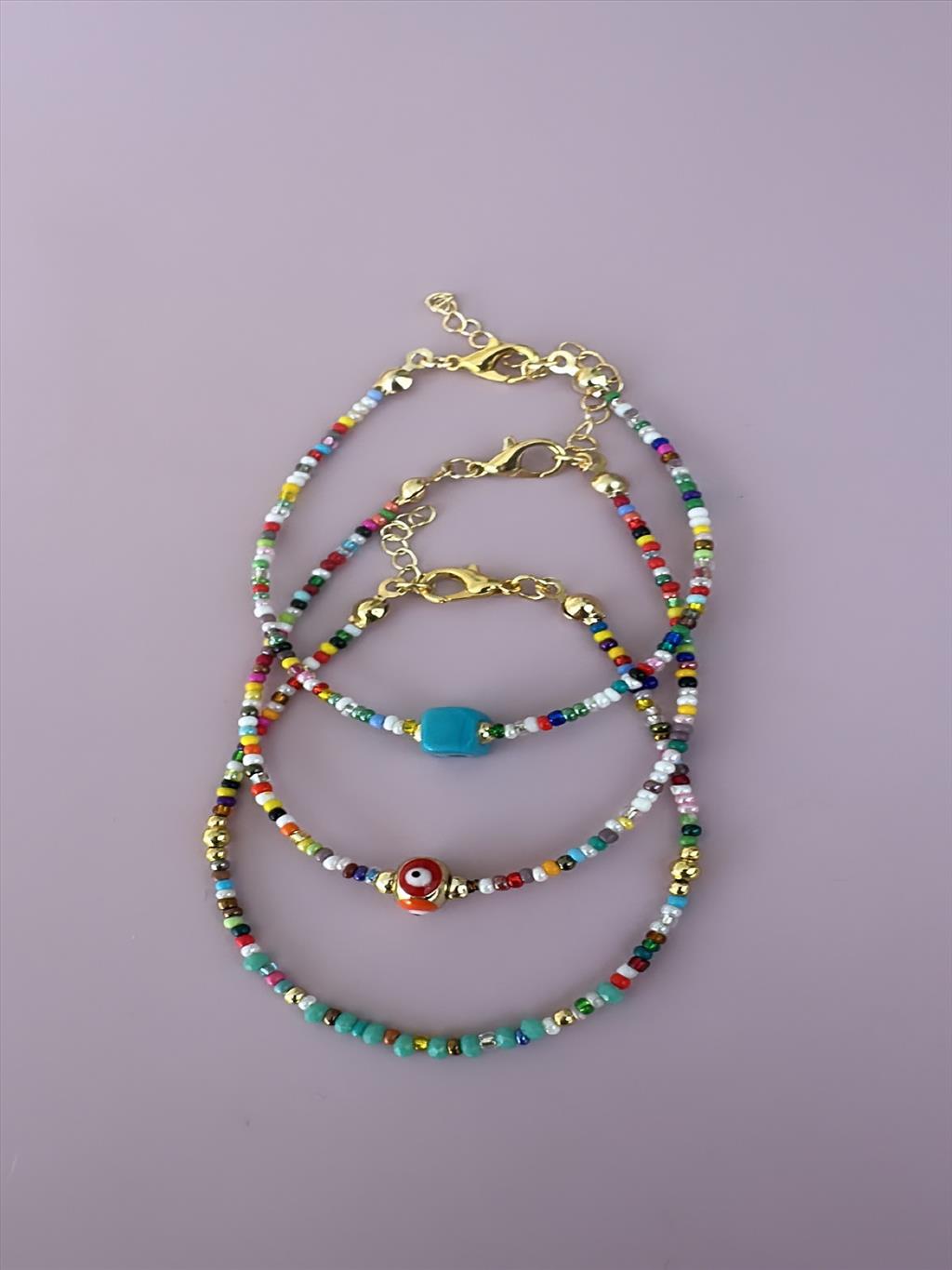 Renkli Boncuk Gold Bileklikler (16-21 cm)