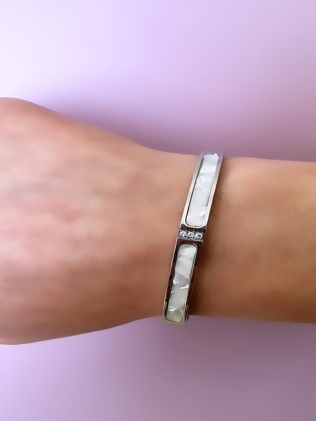 ÇELİK Sedef Taşlı Silver Kelepçe (Çap: 6 cm)+i