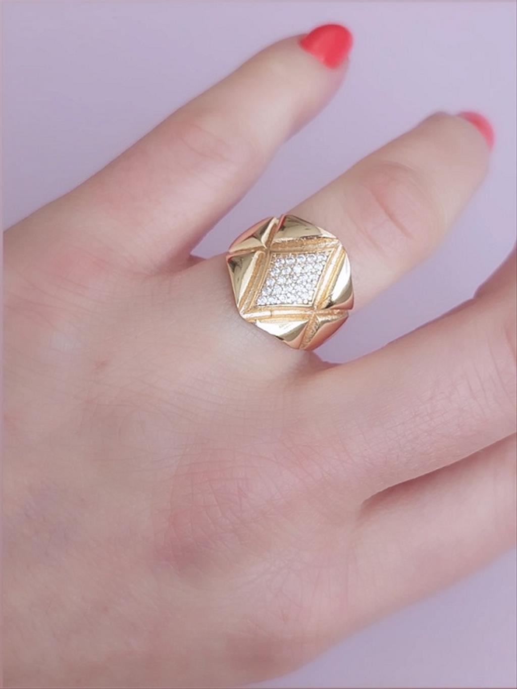 TASARIM 14 Ayar Gold Kaplama Zirkon Model Yüzük (Size: 6-7 uyumlu)+i