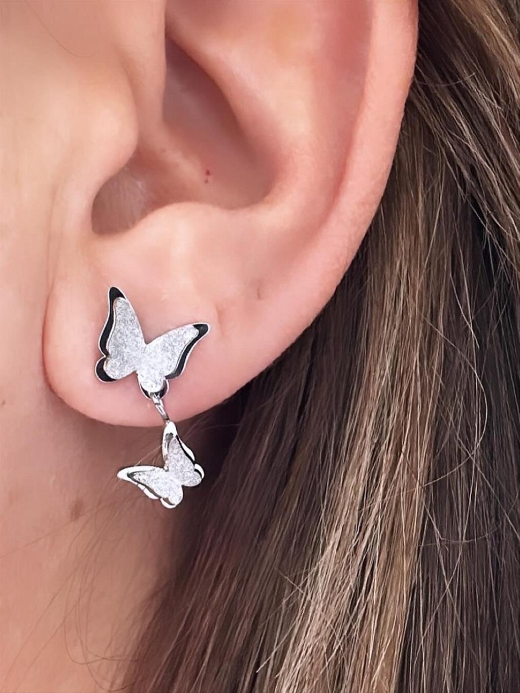 ÇELİK Çift Kelebek Sim Silver Küpe+i