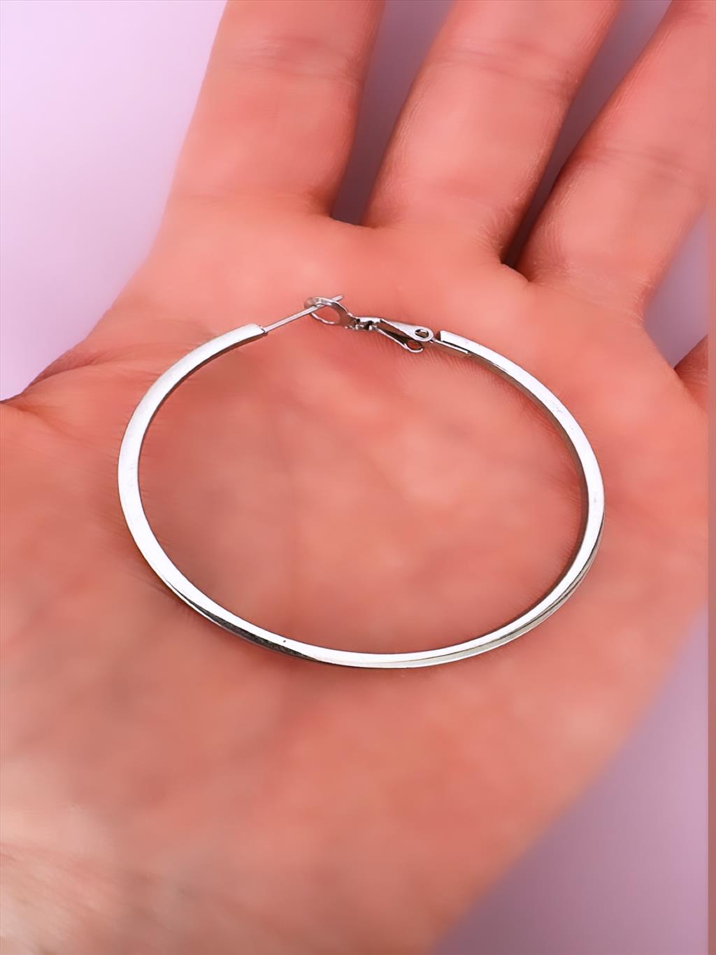 ÇELİK Köşeli Orta Boy Halka Silver Küpe (Çap: 5 cm)+i