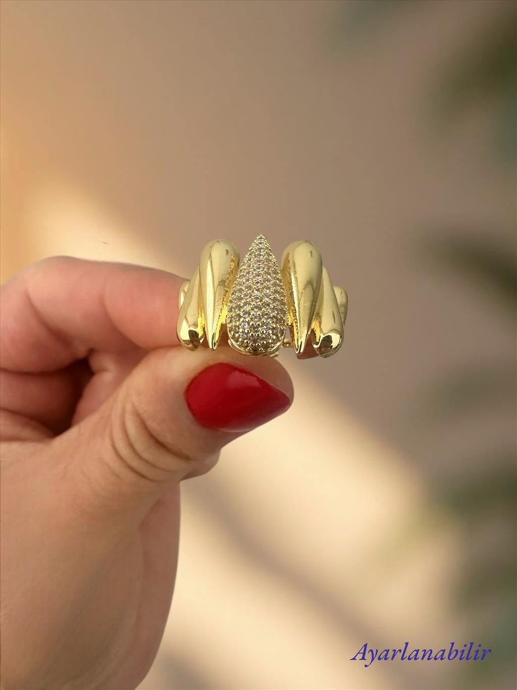 ÖZEL SERİ Ortası Zirkon Taş Damla Sıralı Ayarlanabilir Gold Yüzük+i