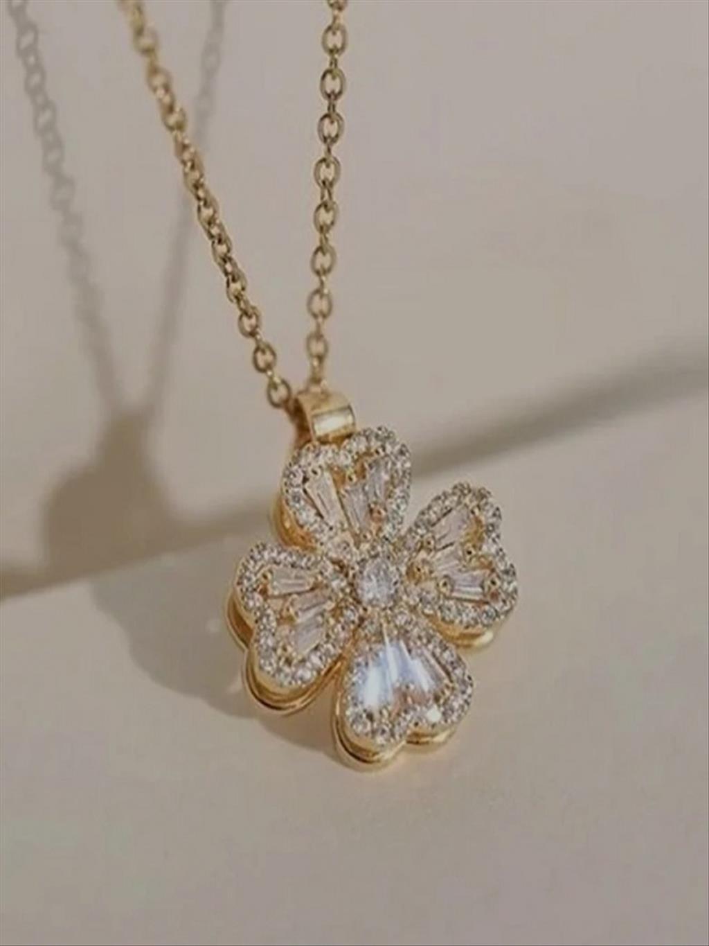 ÇELİK Zirkon Dönen Yonca Gold Kolye+i