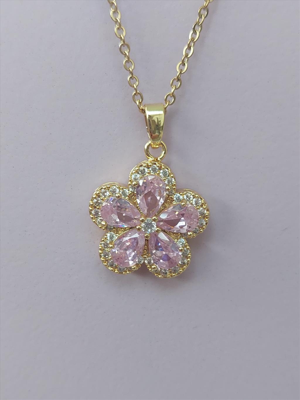 ÇELİK Zirkon Pembe Çiçek Gold Kolye+i