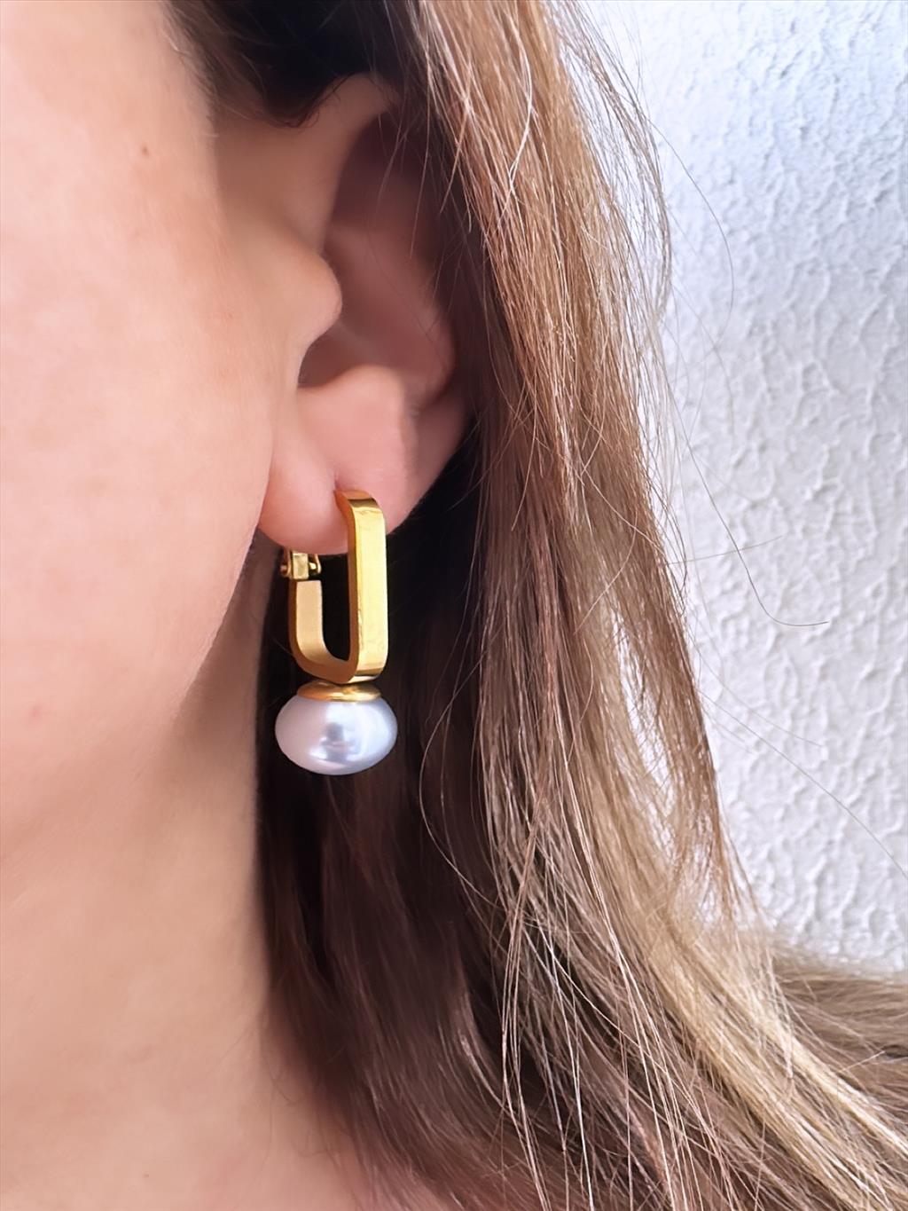 ÇELİK Mavi Top İnci Sallantılı Gold Küpe+i