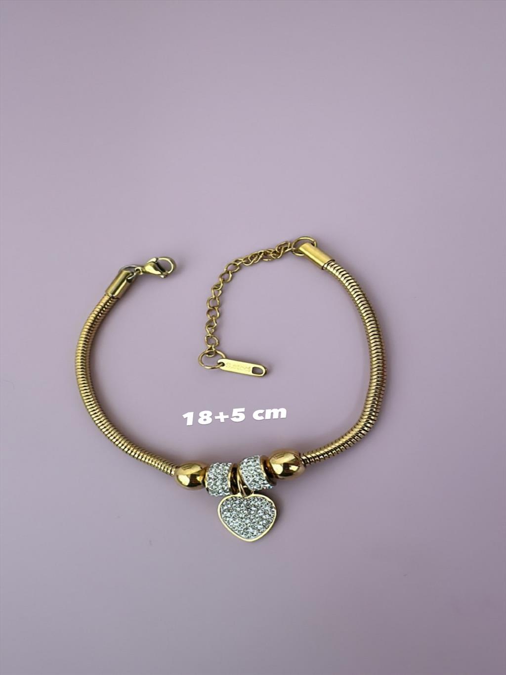 ÇELİK Zirkon Kalp Charmlı Gold Bileklik +i