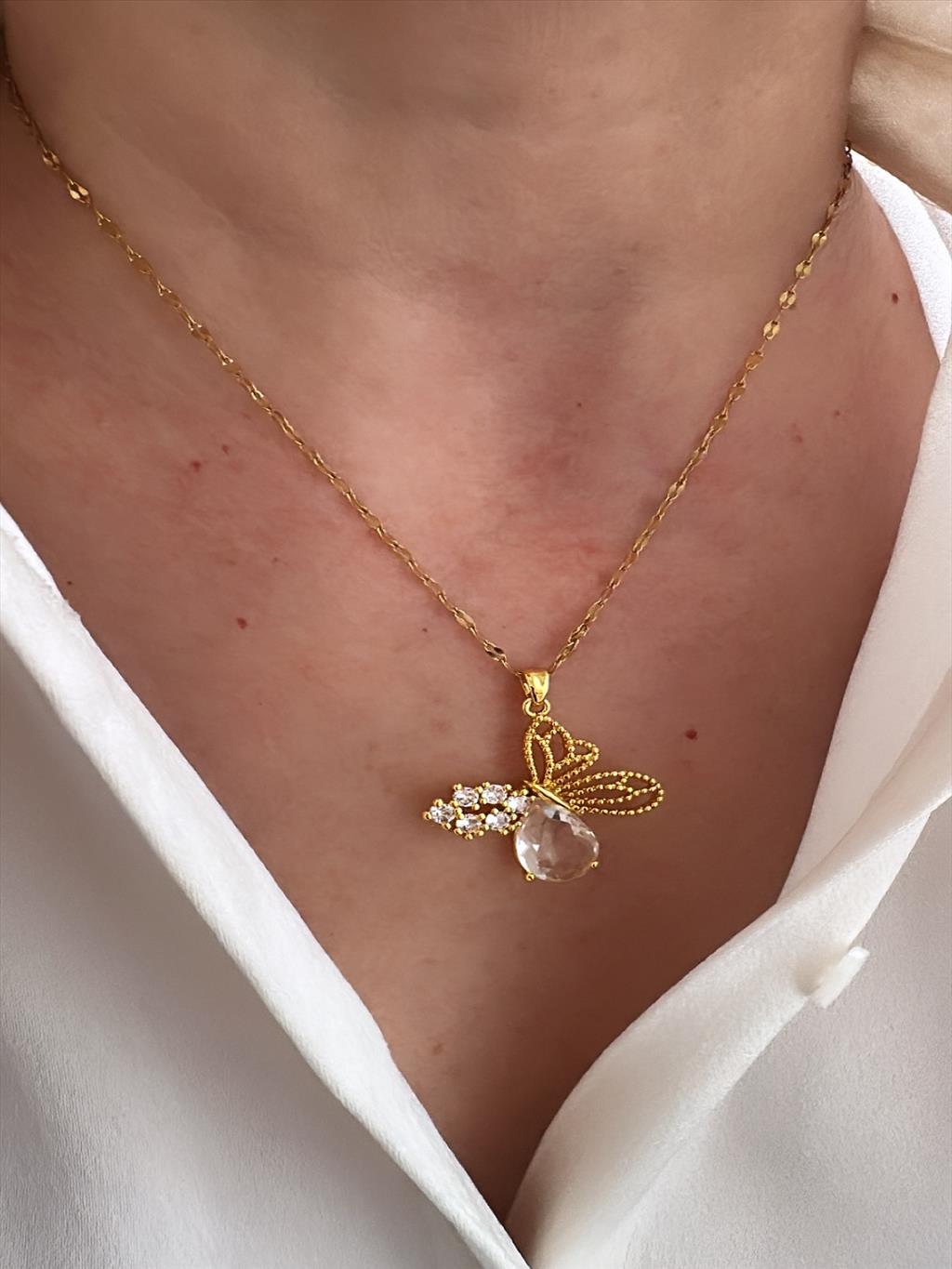 ÇELİK Zirkon Kelebek Gold Kolye