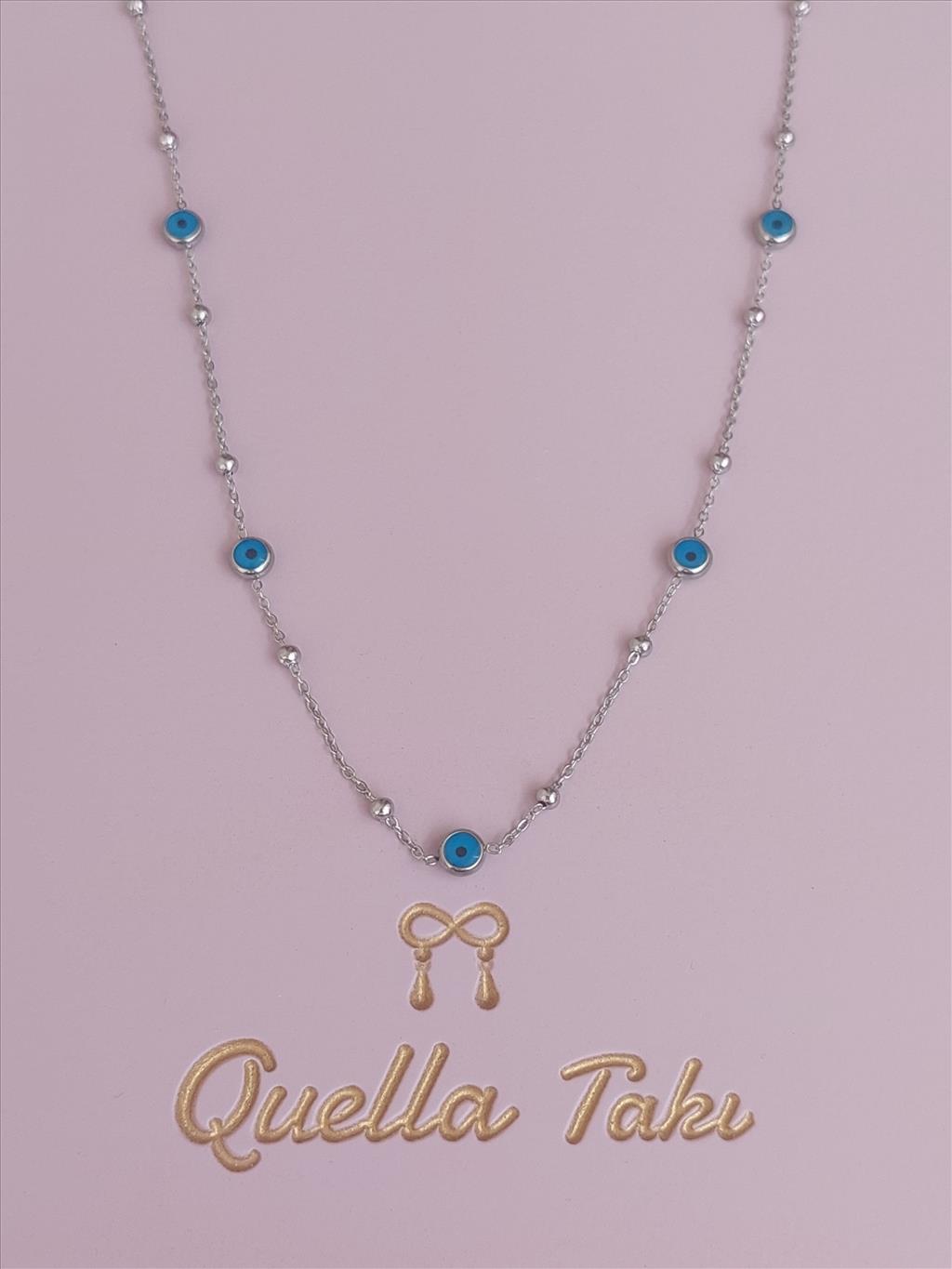 ÇELİK Uzun Nazar Boncuk Dorika Topçuk 60 cm Silver Kolye