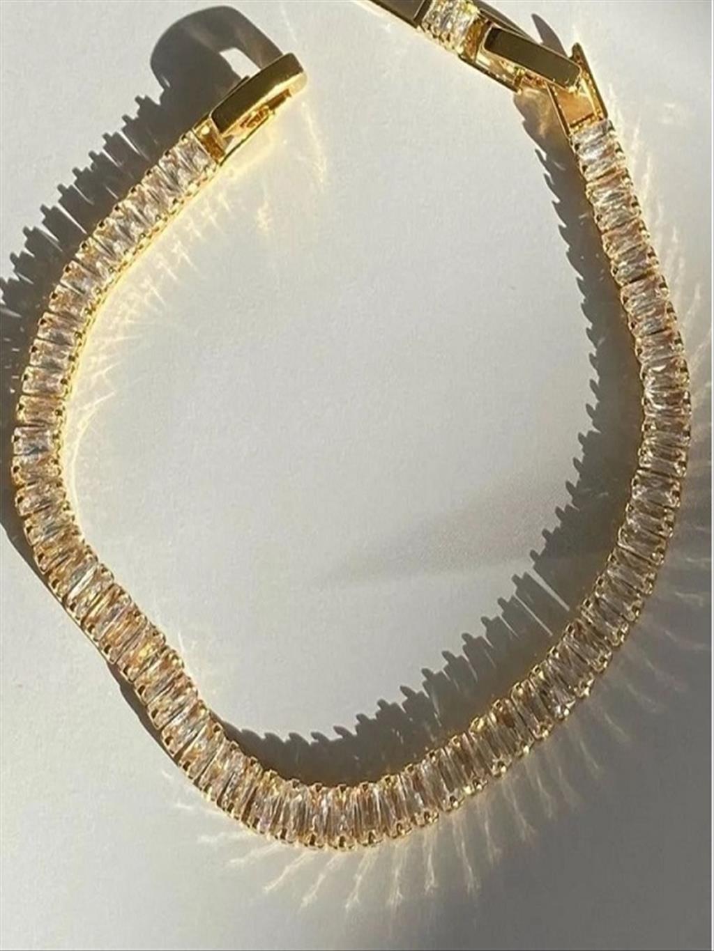 ÇELİK 14K Zirkon Baget Gold Bileklik (Kalınlık: 6 mm / Uzunluk: 17-19 cm)+i