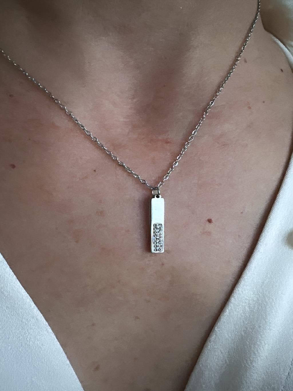 ÇELİK Taşlı Dik Plaka Silver Kolye+i