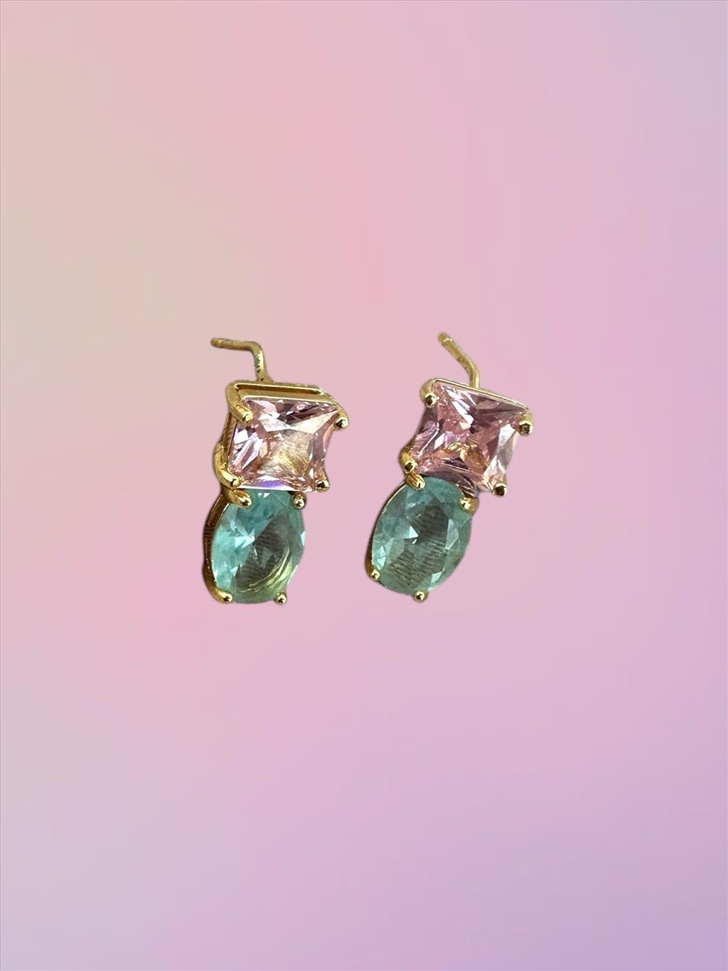 ÖZEL SERİ Zirkon Taş Pembe-Yeşil Gold Küpe+i