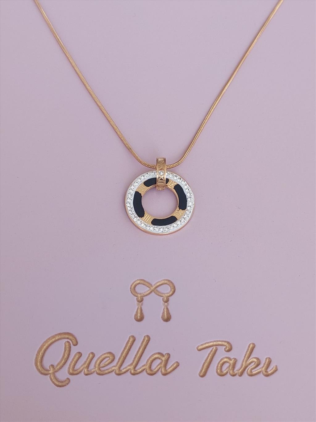ÇELİK Uzun Siyah Plaka Zirkon Taş Gold Kolye (80-85 cm)