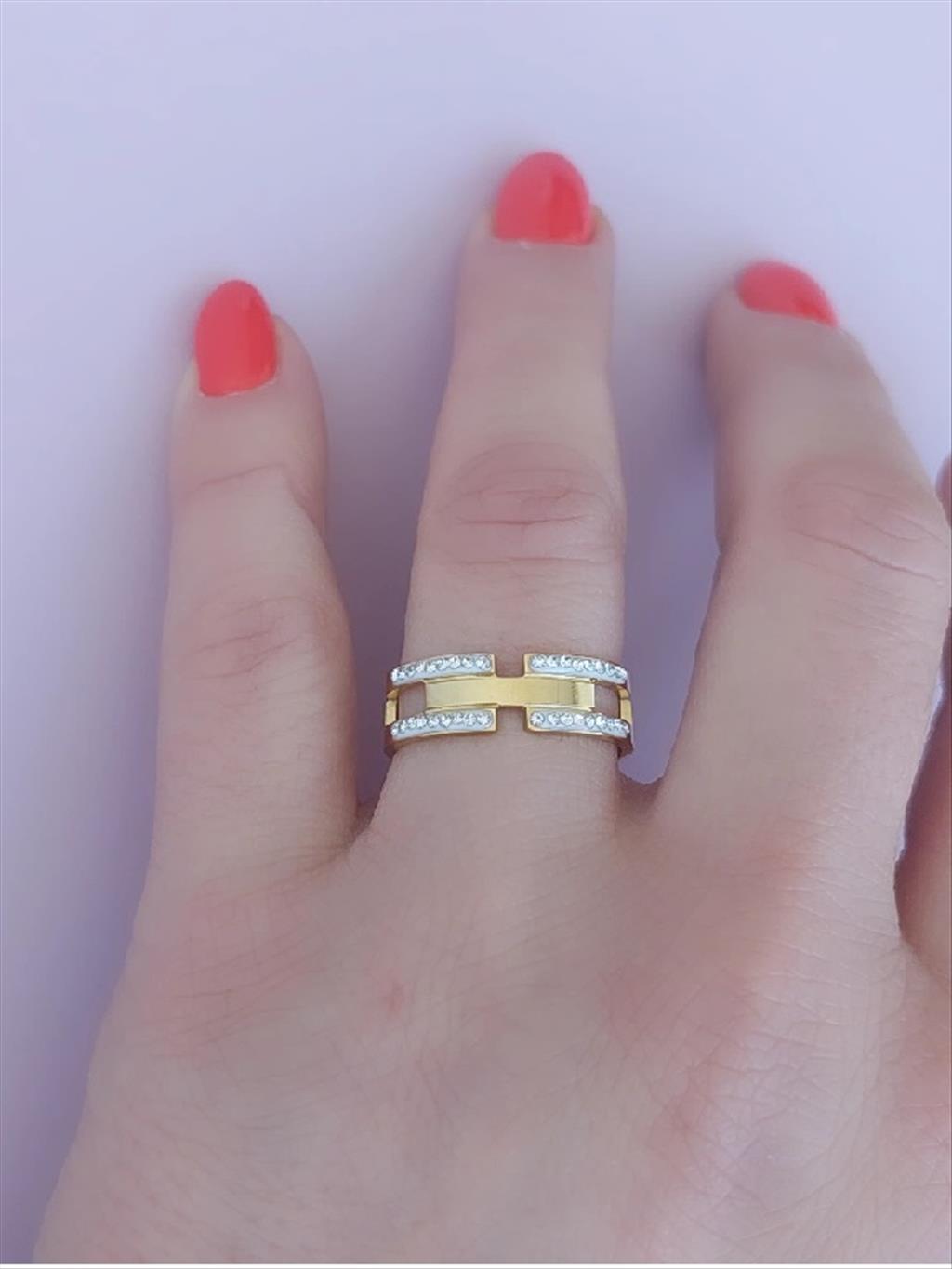 ÇELİK Dört Şerit Zirkon Taşlı Gold Yüzük (Ayarlanabilir)+i