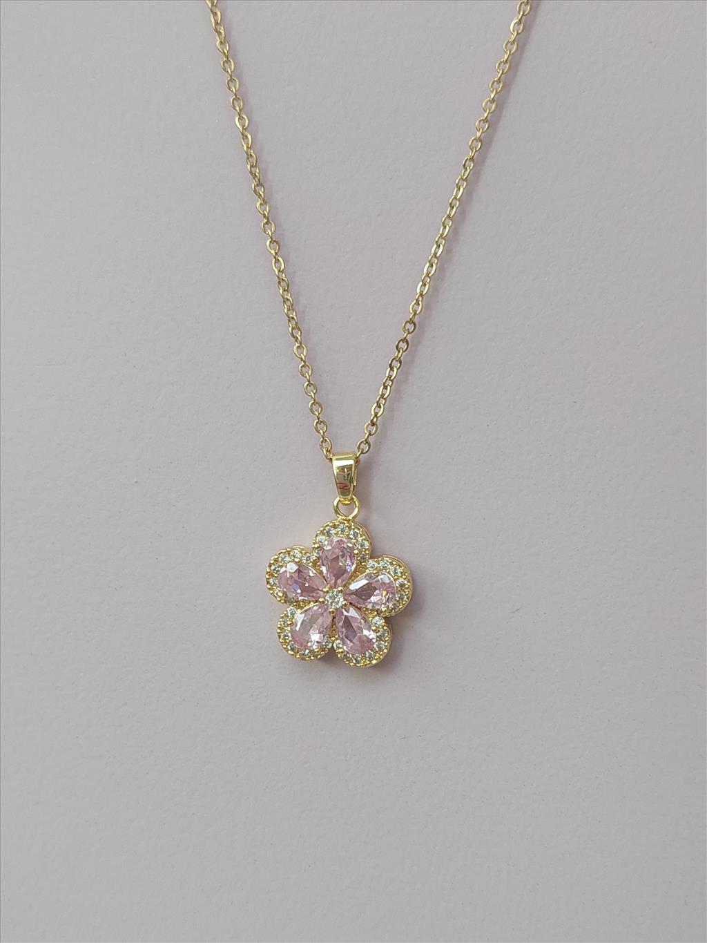 ÇELİK Zirkon Pembe Çiçek Gold Kolye