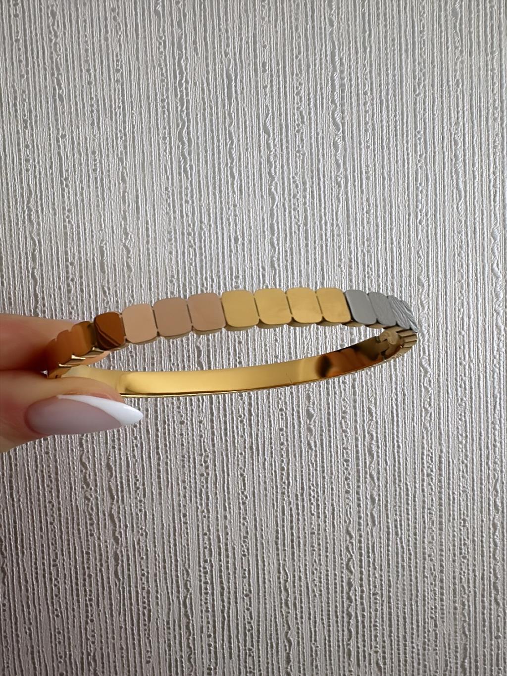 ÇELİK Ayna Küp Desen Gold-Rose-Silver Kelepçe Bileklik (Çap: 6 cm)