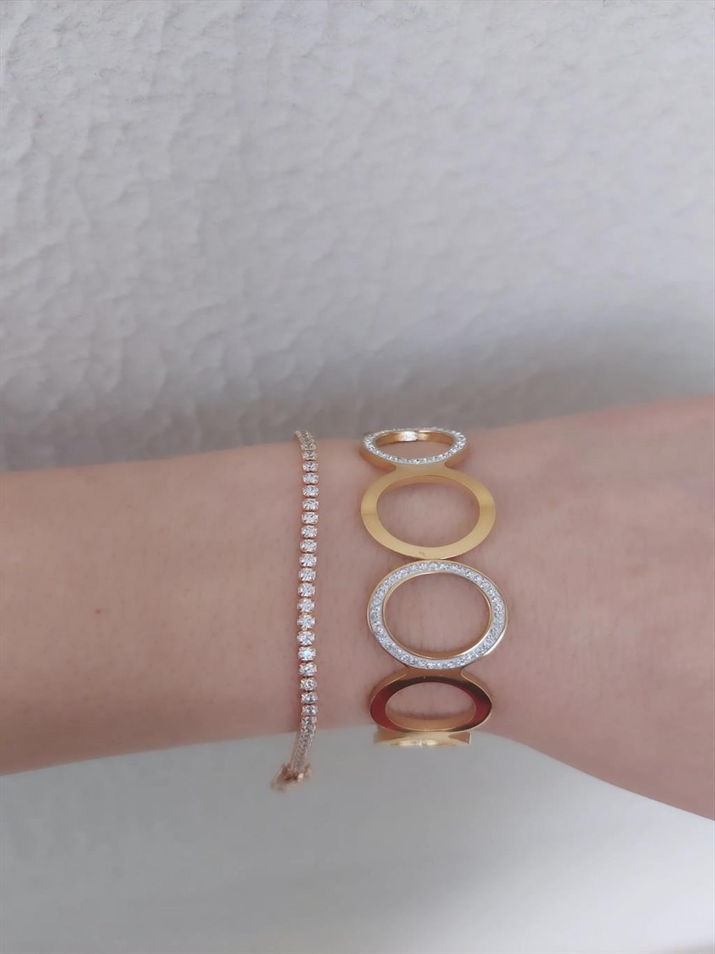 ÇELİK Zirkon Halkalı Gold Kelepçe Bileklik+i