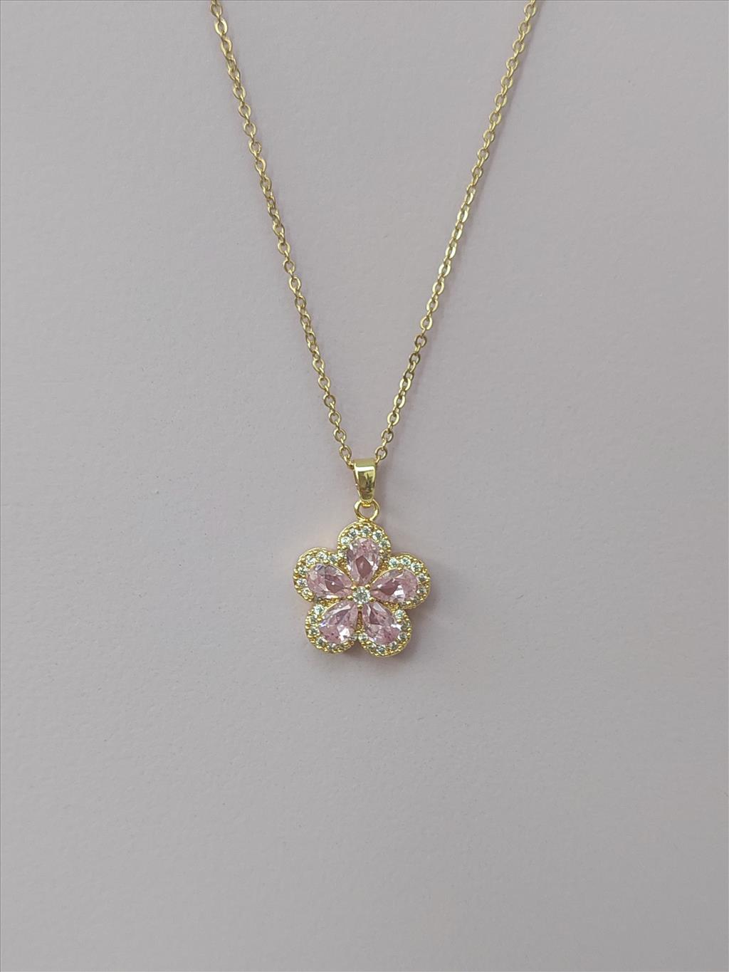 ÇELİK Zirkon Pembe Çiçek Gold Kolye+i