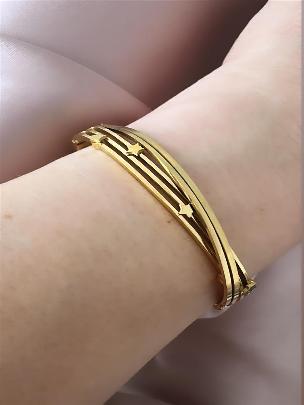 ÇELİK Yıldızlı Gold Kelepçe Bileklik (Çap: 6cm-Çevresi: 21cm)+i