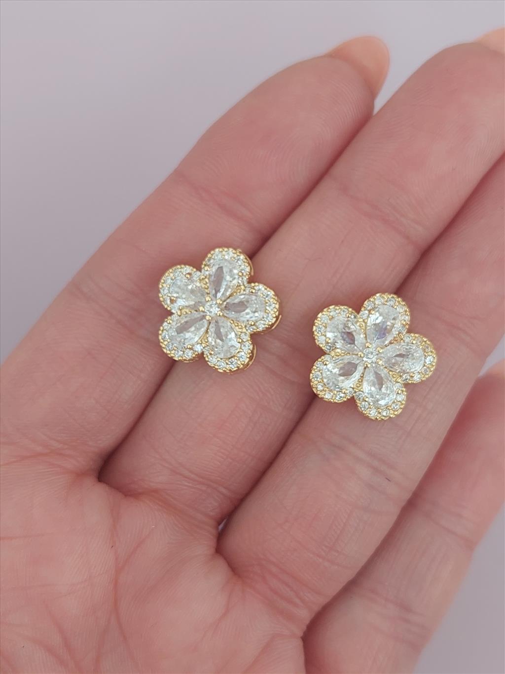 ÇELİK Beyaz Zirkon Lotus Çiçek Gold Küpe+i