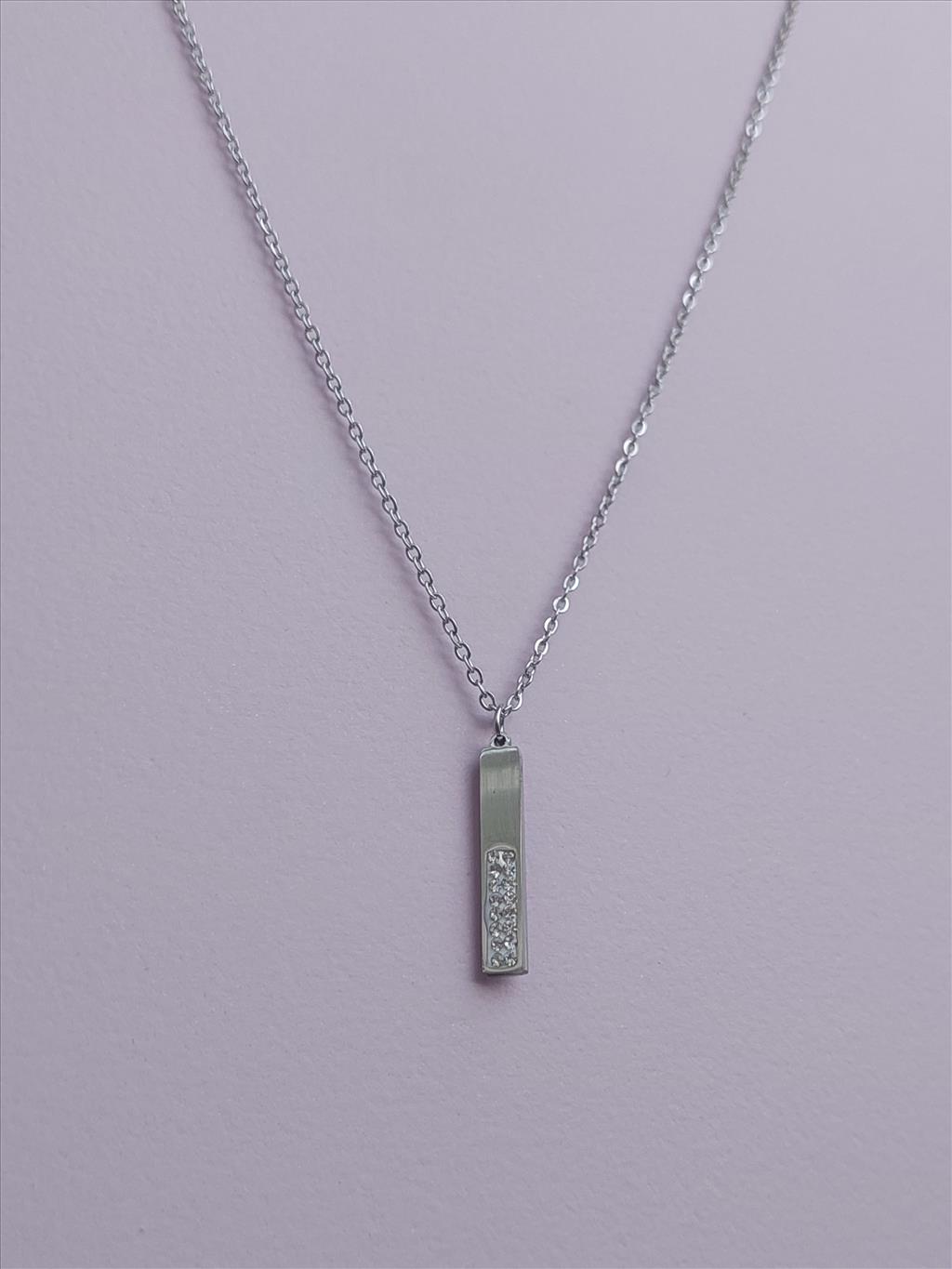 ÇELİK Taşlı Dik Plaka Silver Kolye+i