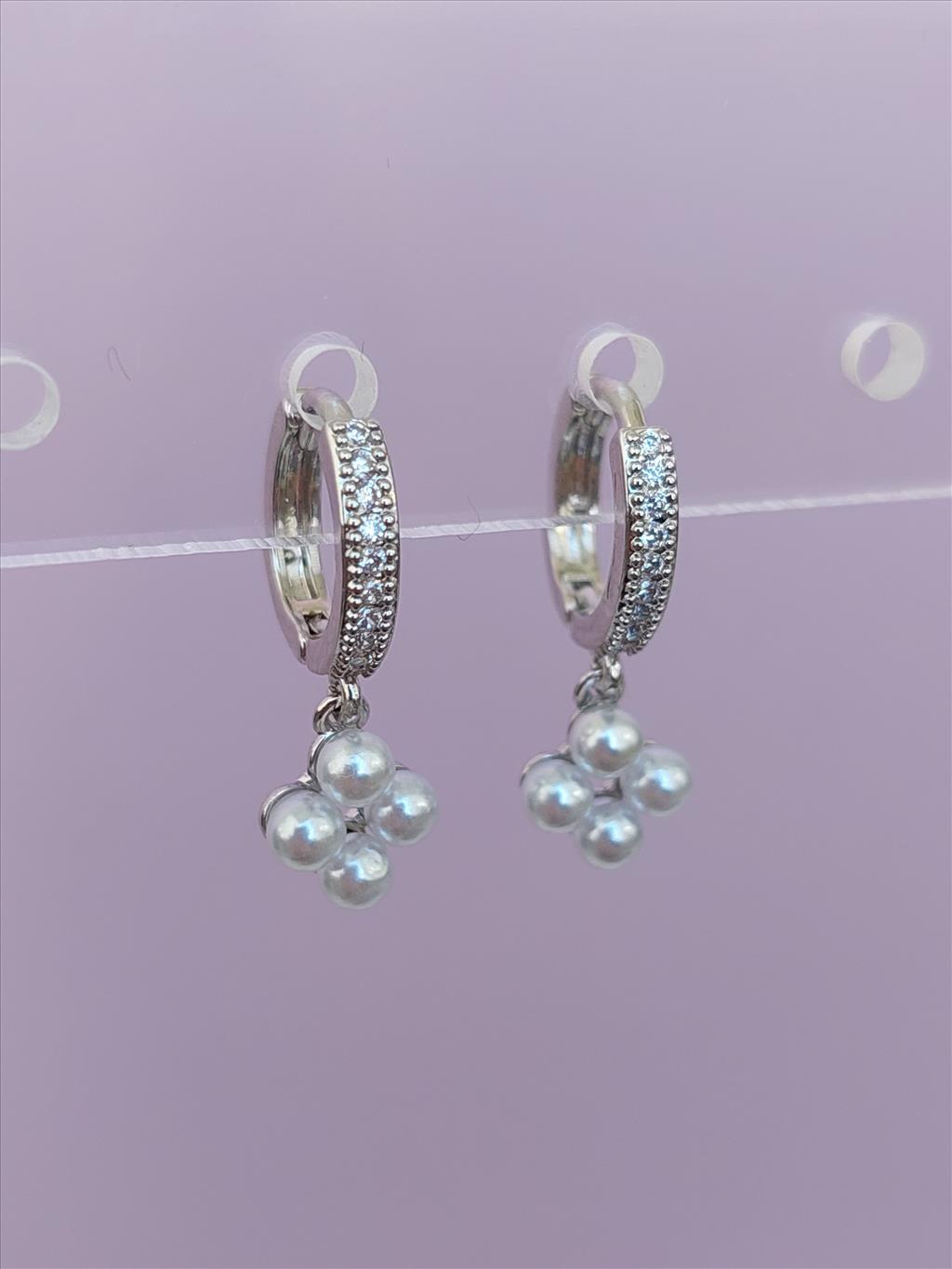 Özel Seri Rodyum İnci Çiçek Silver Küpe+i