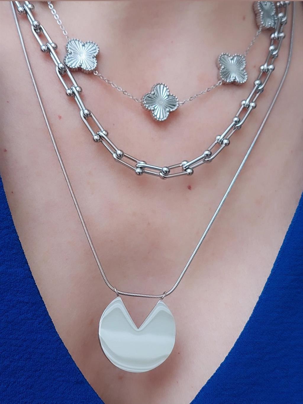 ÇELİK Uzun Kesik Daire Silver Kolye(Uzunluk 60-65 cm)+i