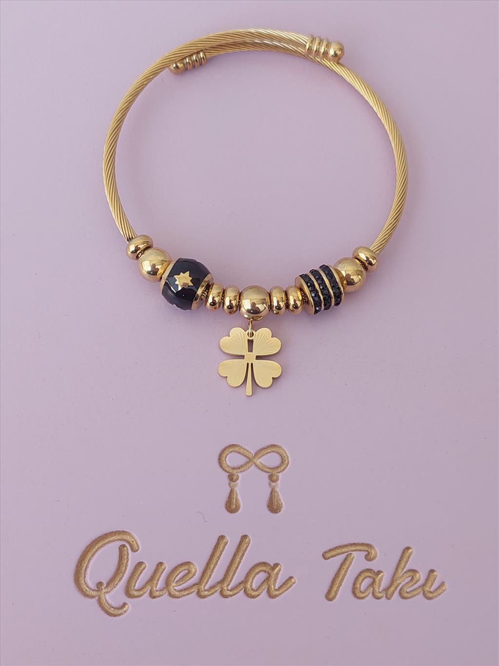 ÇELİK Yonca Siyah Taş Detay Gold Bileklik+i