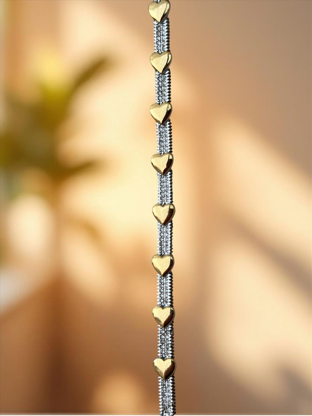 ÖZEL SERİ ÇELİK KAPLAMA Gold Kalp Sıralı Silver Choker  Kolye+i