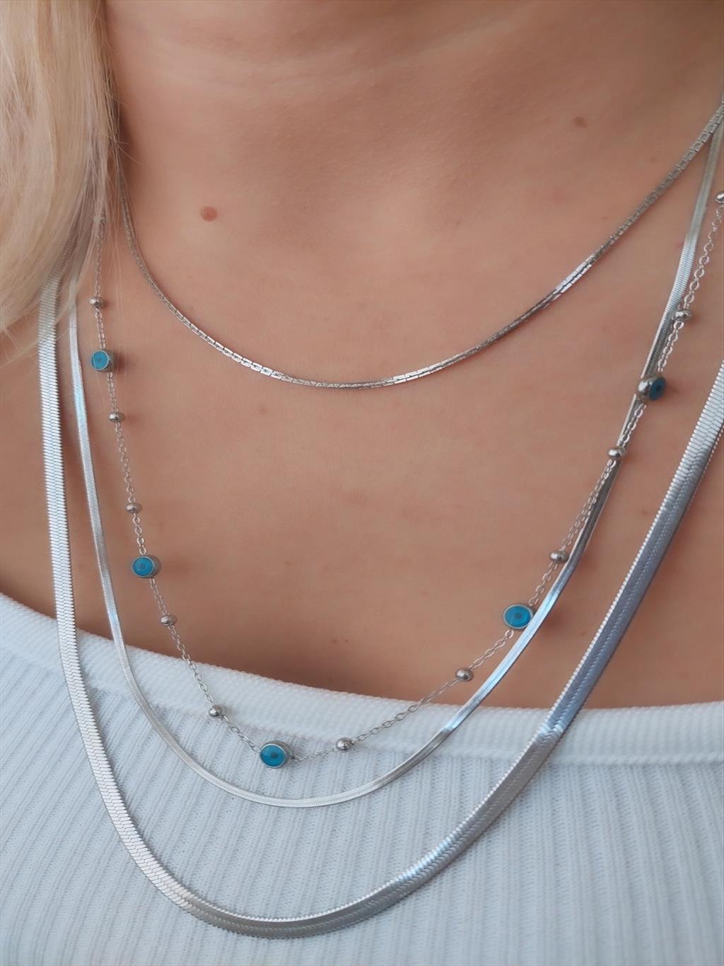 ÇELİK Uzun Nazar Boncuk Dorika Topçuk 60 cm Silver Kolye+i