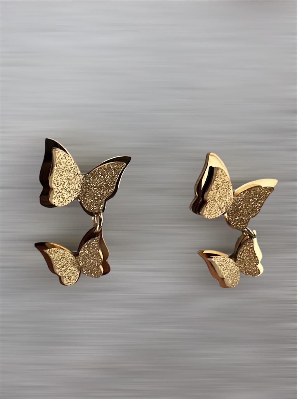 ÇELİK Çift Kelebek Sim Gold Küpe