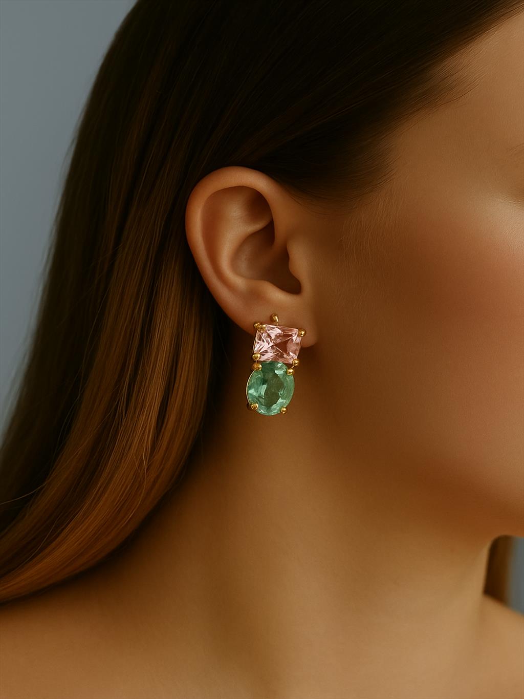 ÖZEL SERİ Zirkon Taş Pembe-Yeşil Gold Küpe