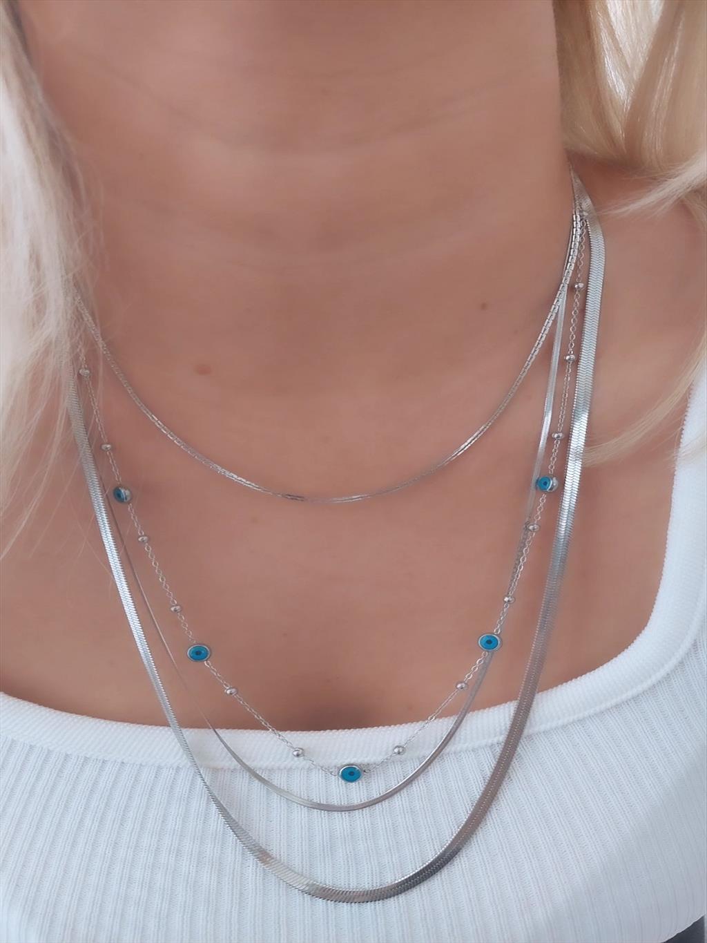 ÇELİK Uzun Nazar Boncuk Dorika Topçuk 60 cm Silver Kolye+i