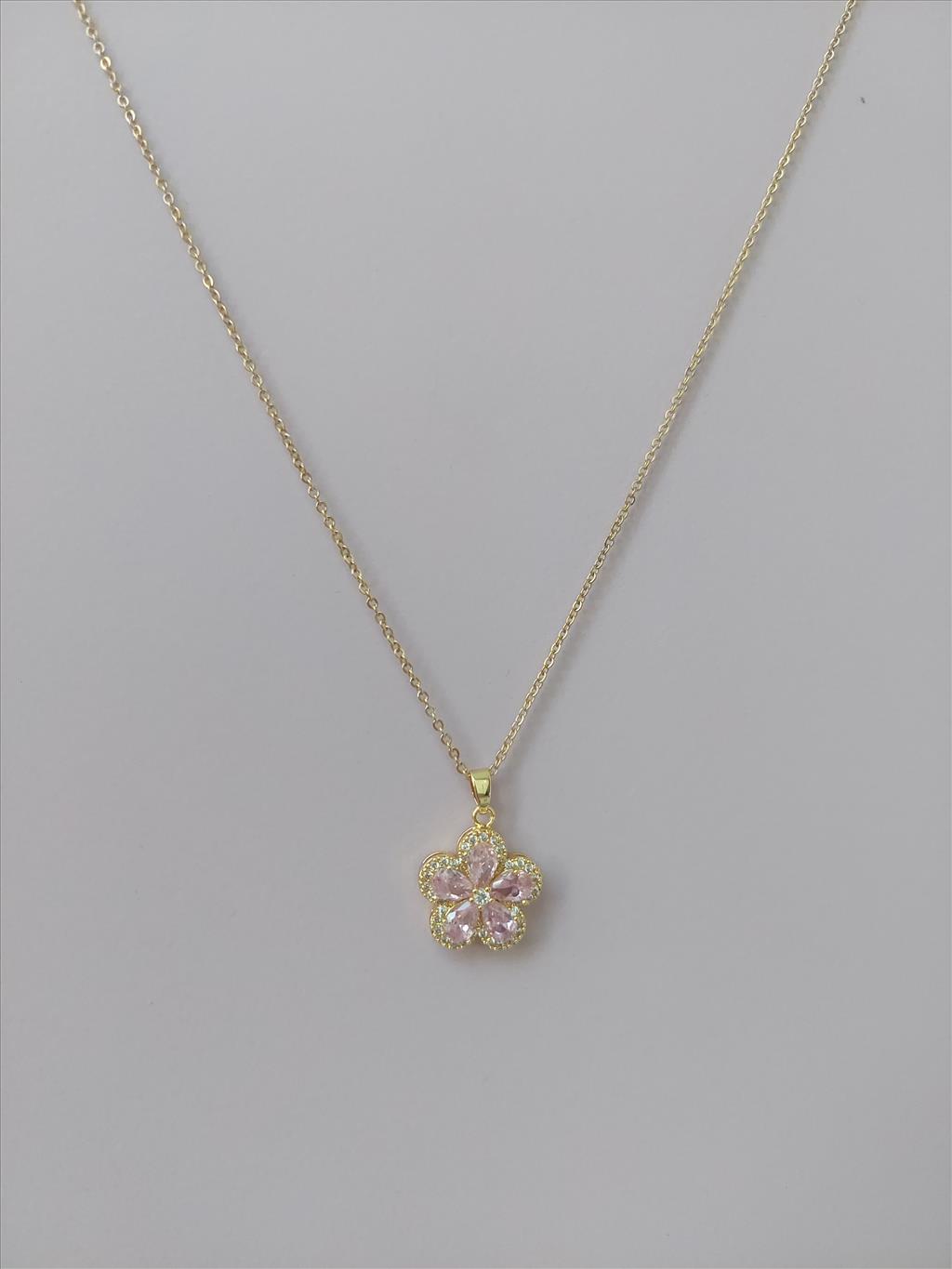 ÇELİK Zirkon Pembe Çiçek Gold Kolye+i